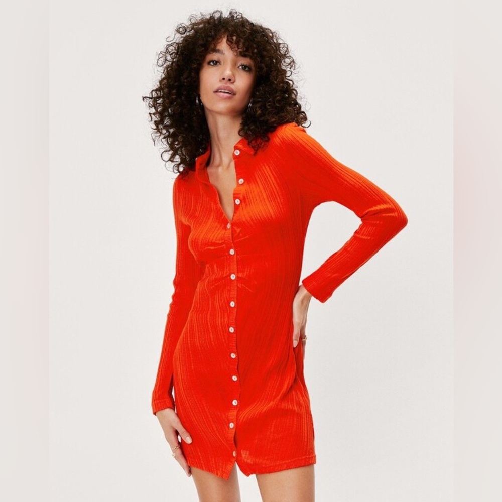 Nasty Gal Womens Knitted Ruched Button Collar Mini Dress